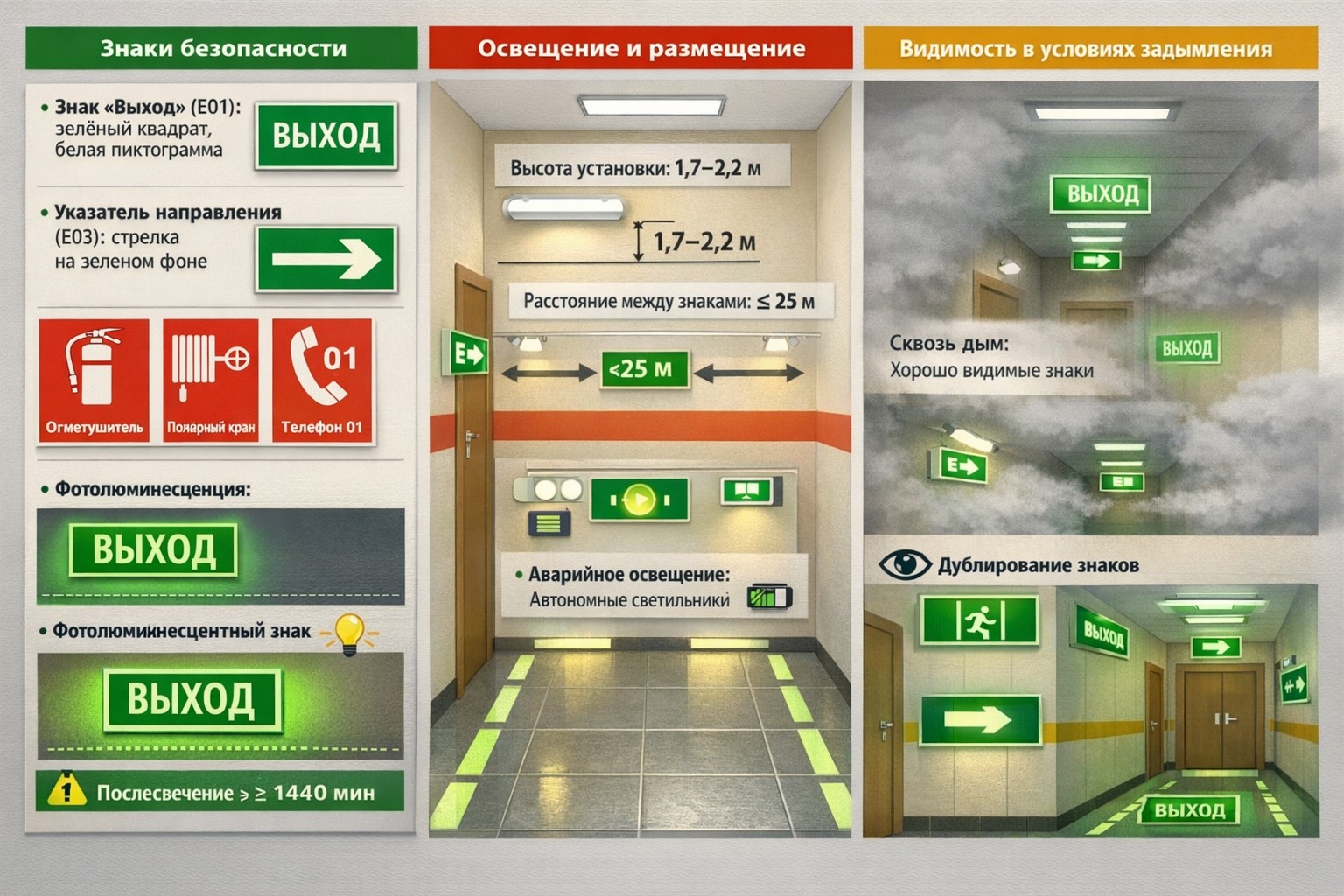 Освещение и обозначение выходов: знаки пожарной безопасности