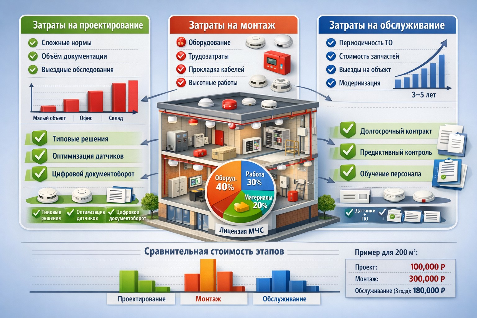 Проектирование vs монтаж vs обслуживание: где самые большие затраты и как их снизить Как снизить затраты на пожарную сигнализацию