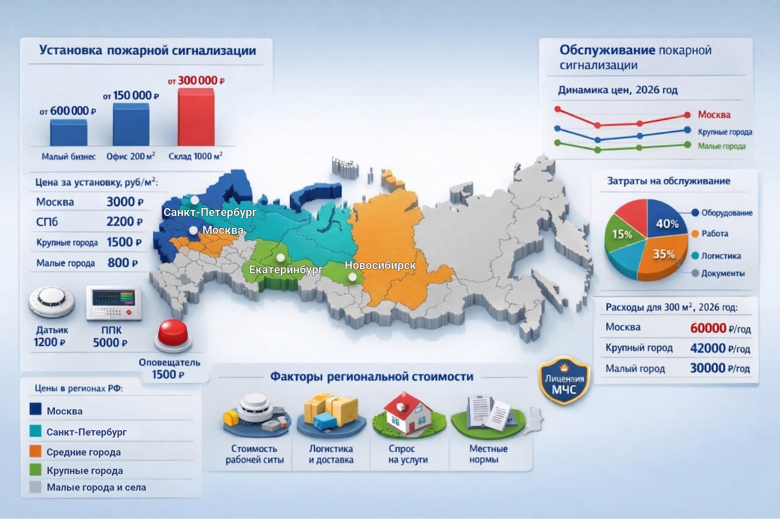 Стоимость услуг по установке и обслуживанию пожарной сигнализации в разных регионах РФ Стоимость услуг по установке и обслуживанию пожарной сигнализации в разных регионах РФ