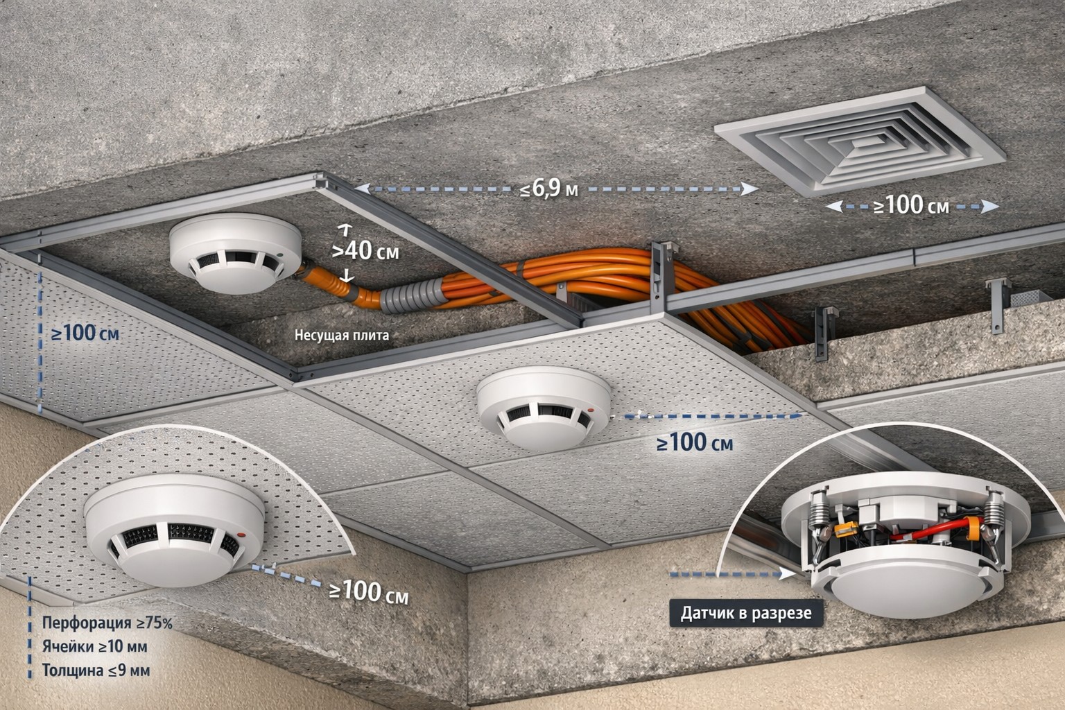 Требования к монтажу дымовых извещателей под подвесным потолком