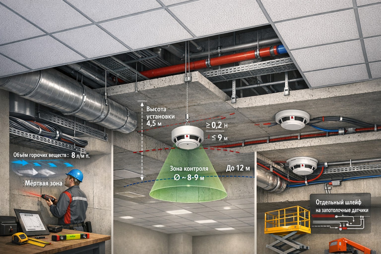 Особенности монтажа дымовых извещателей на высоких подвесных потолках