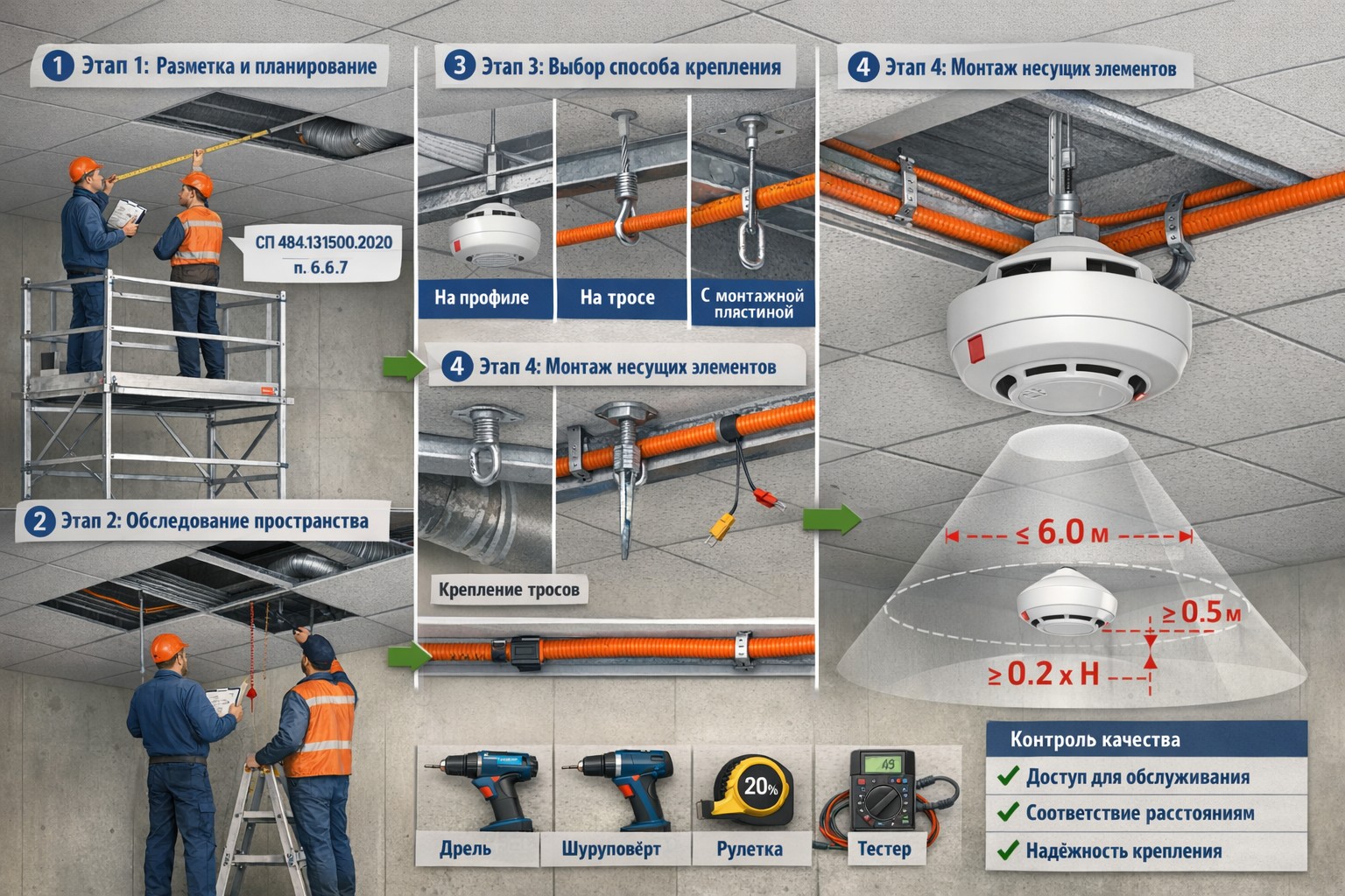 Этапы монтажа дымовых извещателей в условиях высокого подвесного потолка