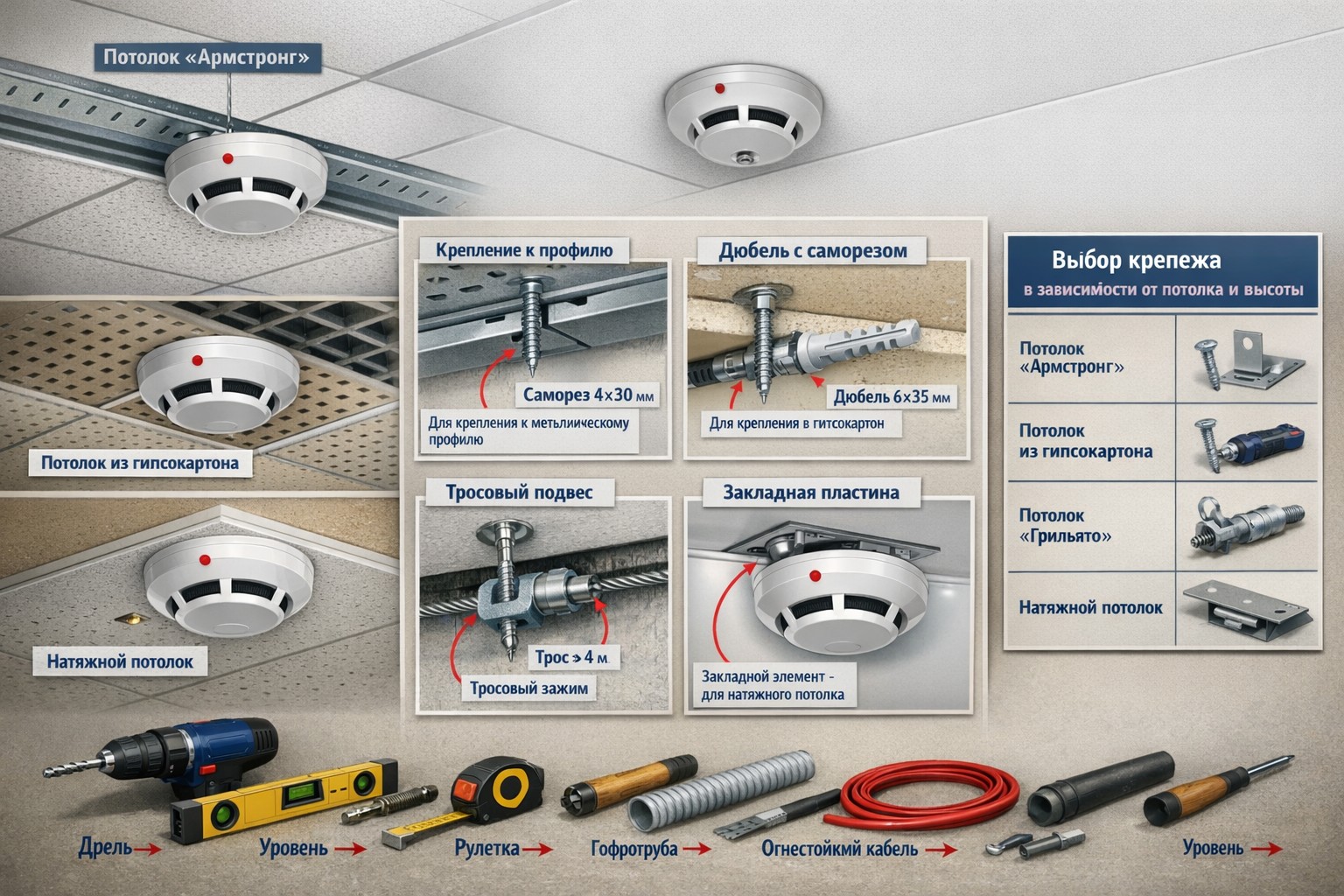 Способы крепления дымовых извещателей к подвесному потолку